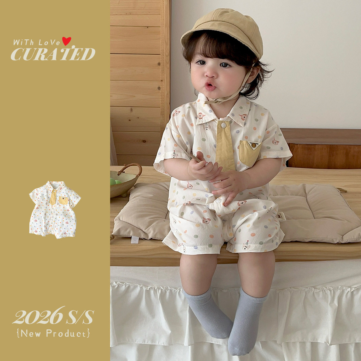 夏季连体衣婴儿衣服男童学院风彩色波点短袖爬服夏天衣服外出哈衣