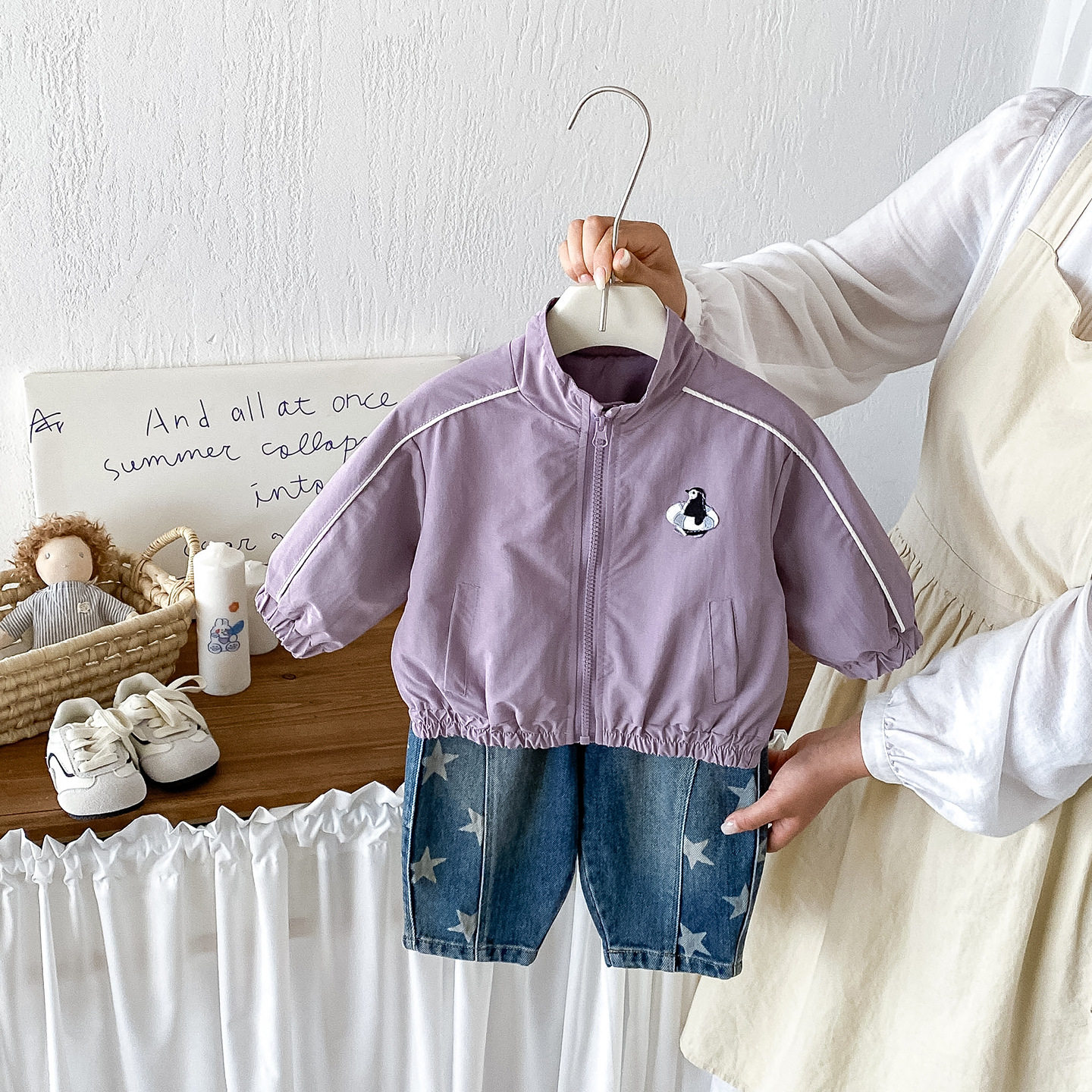 秋季男宝宝韩版卡通刺绣立领外套婴幼儿星星印花牛仔裤两件套