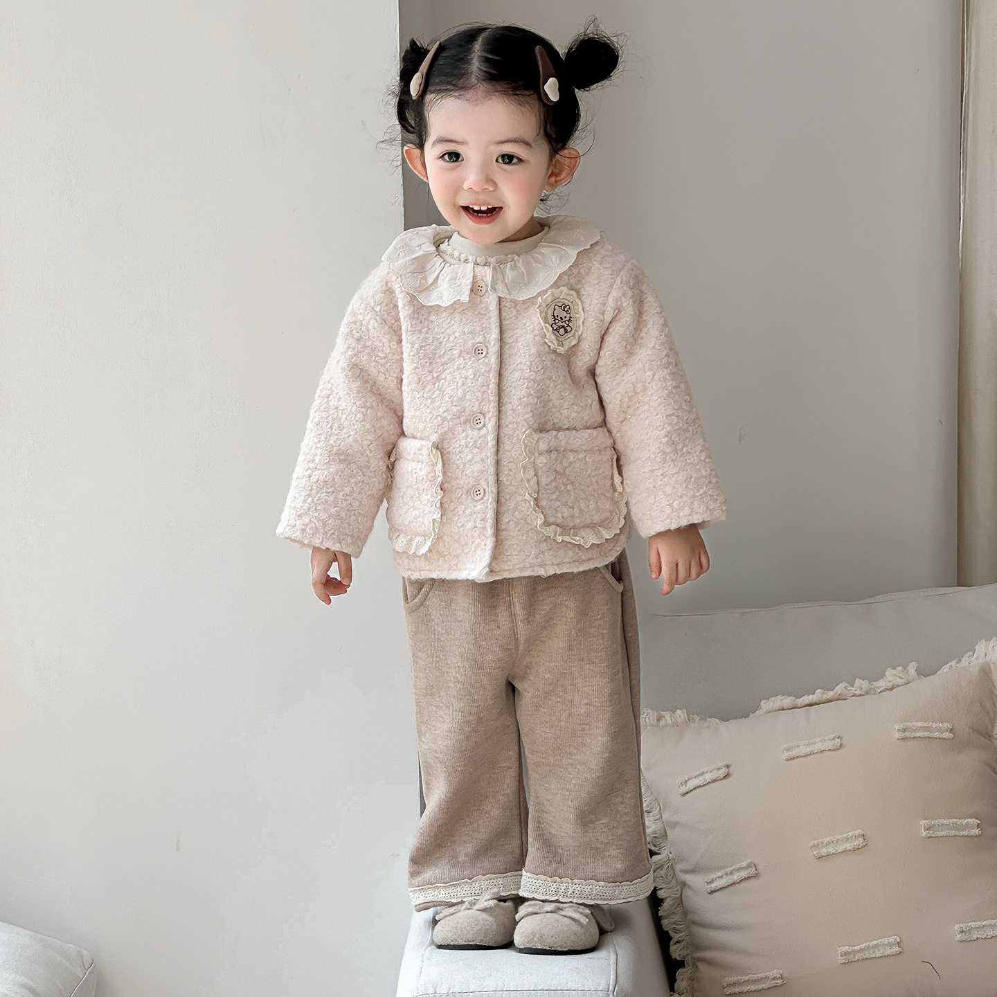 点兮2025秋冬新款婴幼儿毛毛外套套装女宝宝开衫打底衫裤子三件套