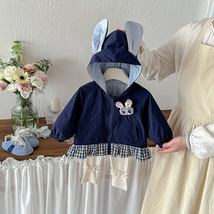 点兮春季新款婴幼儿兔耳朵外套套装女宝宝兔子开衫打底裤两件套潮