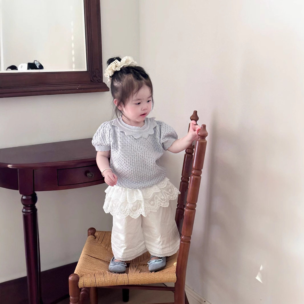 Cutemily夏ins女童套头荷叶领镂空针织衫女宝薄款可爱针织短袖