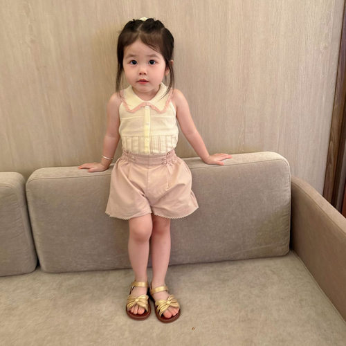 Cutemily夏 女婴童翻领撞色针织上衣女宝背心+牙边纽扣百搭短裤