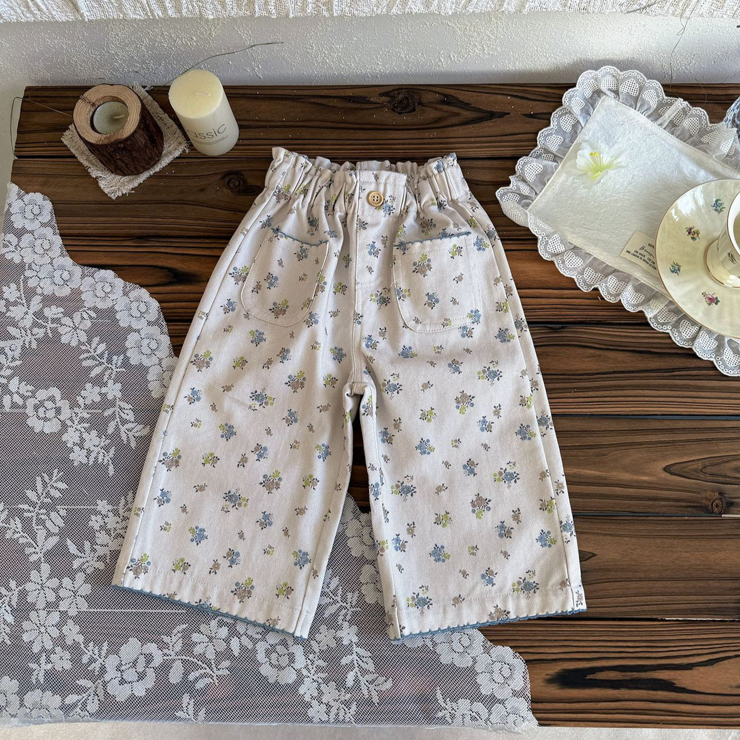 Cutemily春夏女婴童棉质背带裤 女宝斜纹蓝色碎花阔腿吊带长裤裤