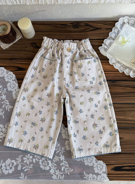 Cutemily春夏女婴童棉质背带裤 女宝斜纹蓝色碎花阔腿吊带长裤裤