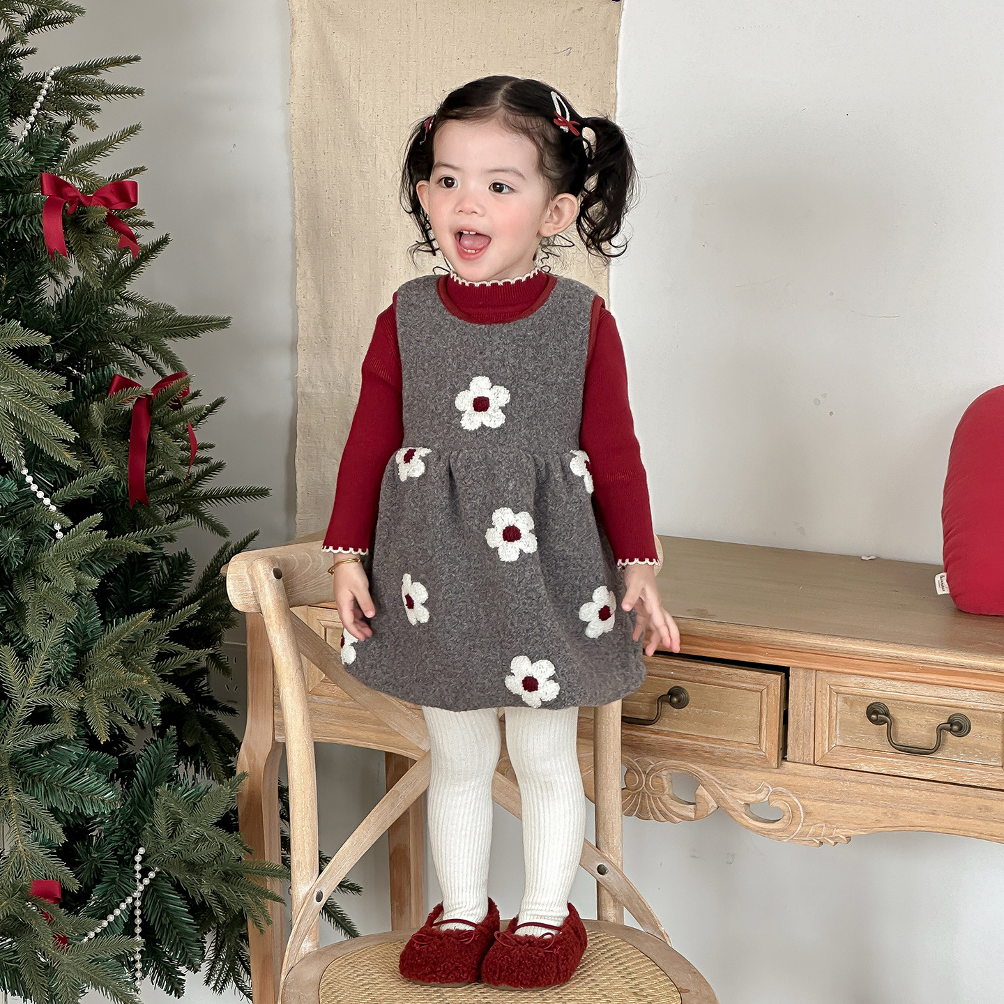 三折专区冬季婴幼儿加绒加厚花朵背心裙套装女宝连衣裙毛衣两件套
