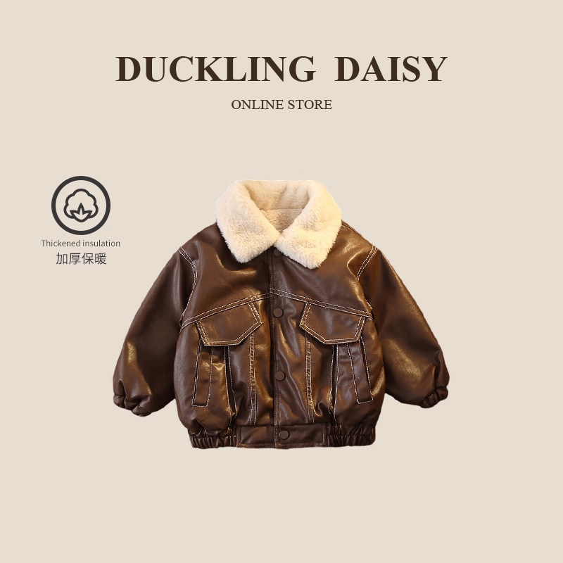 小鸭黛丝男童加绒皮衣外套