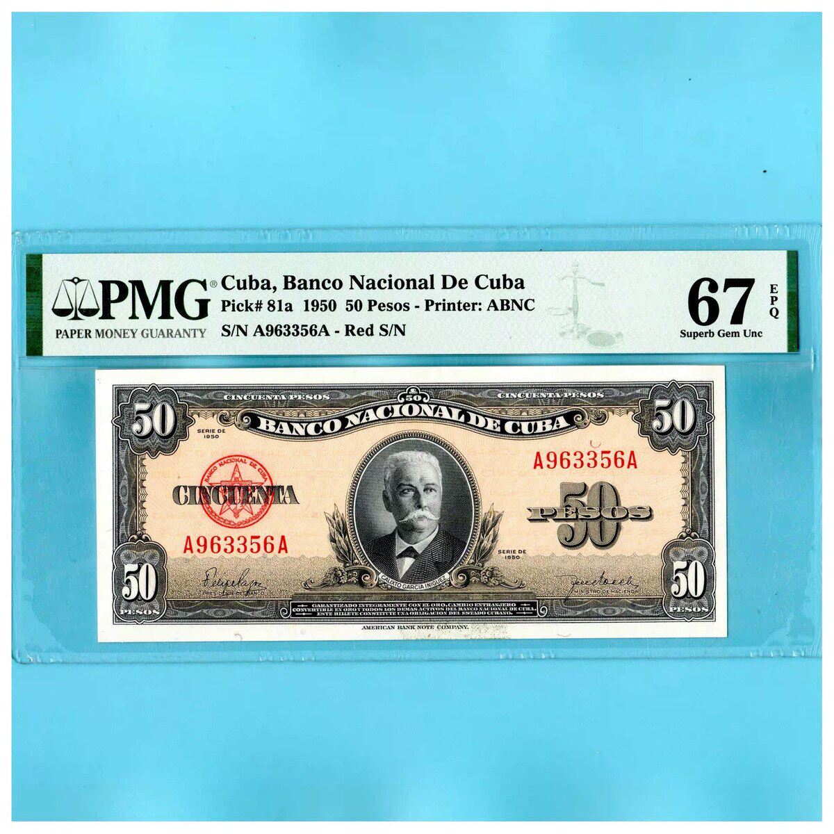 {议价}稀少 全新UNC 古巴1950年50比索 PMG67高分
