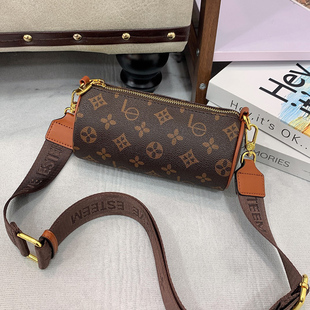 品牌真皮斜挎小包包迷你圆柱形笔筒包2025新款老花腋下单肩圆筒包