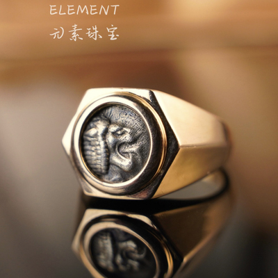 Element元素古希腊怒吼狮六边形18K金古钱币真品戒指简约复古男女
