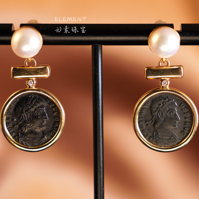 Element元素古币耳环18K金珍珠古罗马皇帝铜币耳拍耳钉复古老钱风