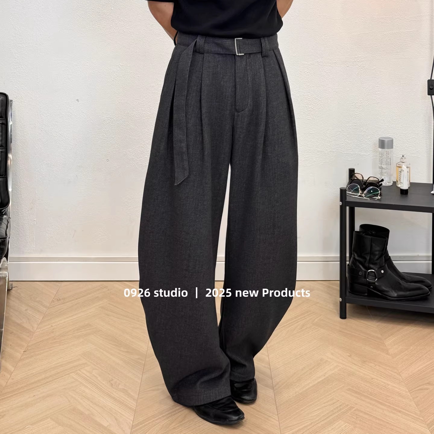 茧型绵羊毛弯刀加绒腰带休闲长裤