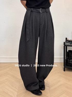 0926studio绵羊毛茧型腰带宽松弯刀加绒休闲长裤松紧腰男Vujade风
