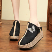 厚底 女可外穿凉拖复古绣花鞋 民族风女士高跟包头半拖鞋 老北京布鞋