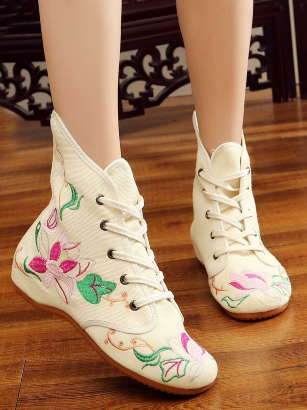 SQUARE DANCE SHOES SPRING AND AUTUMN FOLK EMBROIDERY LACE-UP BOOTS HIGH TOP INNER HEIGHT COW TENDON BOTTOM WEDGE OLD BEIJING CLOTH SHOES