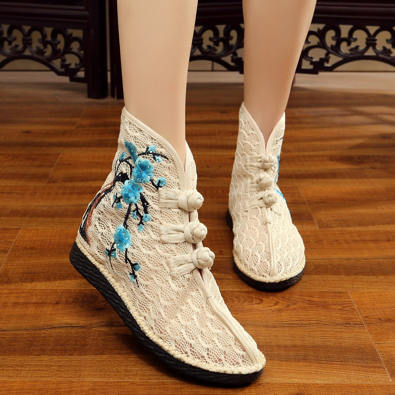 OLD BEIJING CLOTH BOOTS MESH AUTUMN BOOTS LACE FLAT BOTTOM BREATHABLE NATIONAL STYLE BUCKLE EMBROIDERED SHOES WOMENS SINGLE SHOES SUMMER BOOTS SHORT TUBE