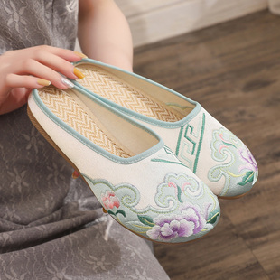 老北京布鞋女绣花拖鞋民族风汉服鞋子古装旗袍搭配的凉拖平底单鞋