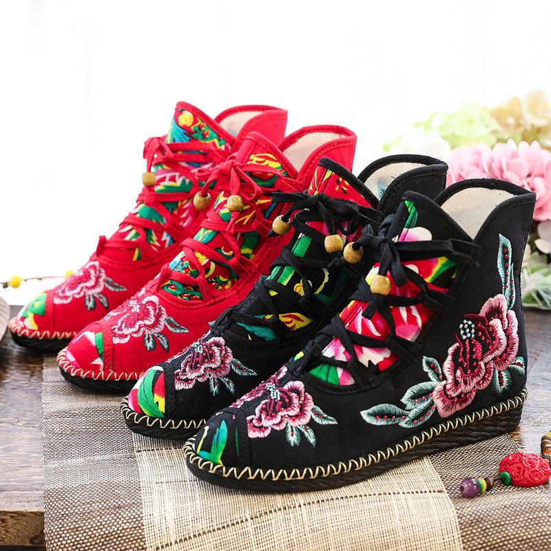 2024 NEW SINGLE BOOTS FLAT BOOTS OLD BEIJING CLOTH BOOTS SHORT BOOTS EMBROIDERED SHOES ETHNIC STYLE CROSS TIE LOW HEEL WOMENS BOOTS