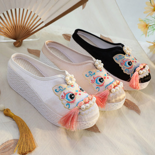 2025新款厚底虎头鞋女成人夏季拖鞋增高外穿流苏复古新中式旗袍鞋