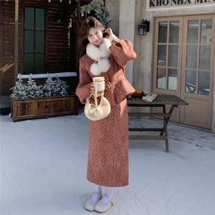 狐狸毛领羽绒内胆小香风毛呢套装 一整套裙 女2025高级感巨好看冬装