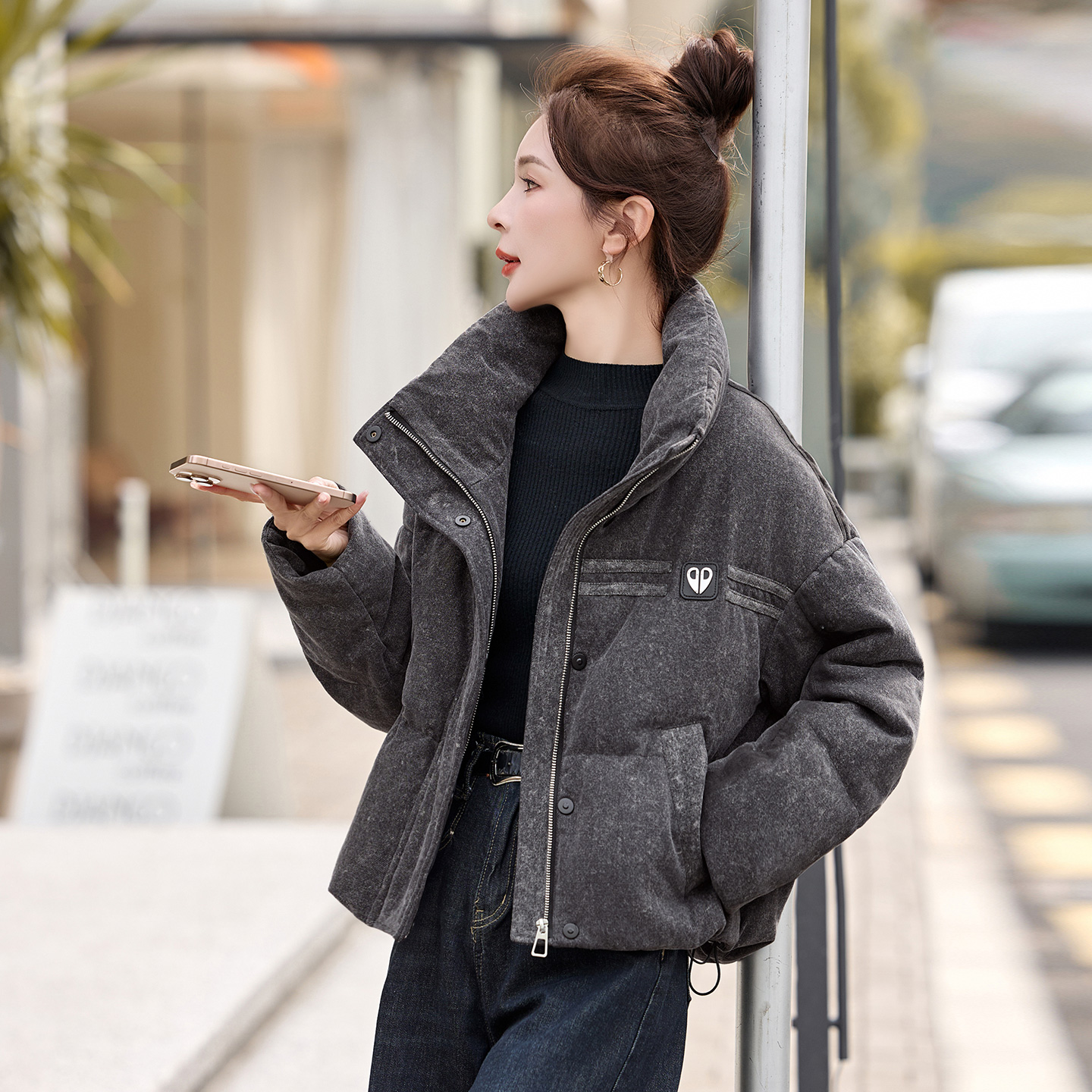 灰色立领肯豆短款面包羽绒服女