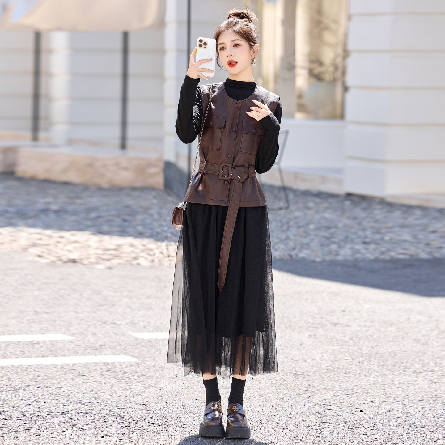 pu皮马甲连衣裙两件套女2025秋季