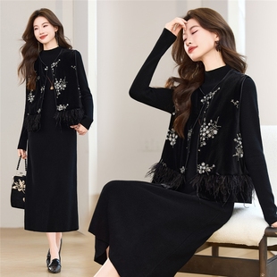 钉珠金丝绒马甲连衣裙两件套2025秋冬中长款巨好看冬装一整套裙