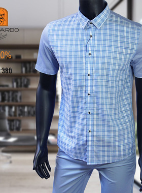 LEONARDO利奥纳多老人头夏季蓝色格子纯棉薄款短袖休闲衬衫4118