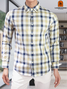 利奥纳多正品LEONARDO老人头四季穿进口纯棉休闲格子长袖衬衫1969