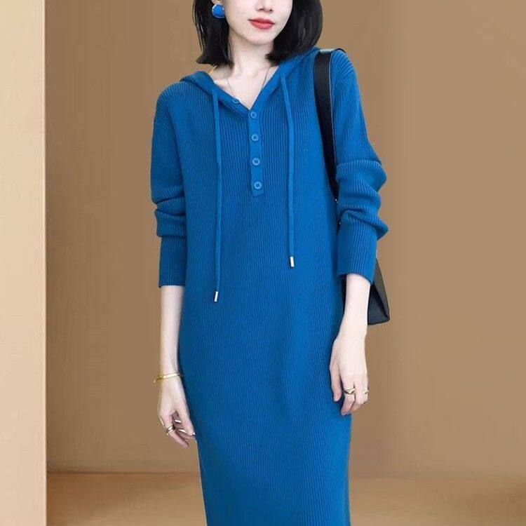连帽针织毛衣裙女宽松遮肉过膝中长款秋冬外穿内搭新款休闲连衣裙