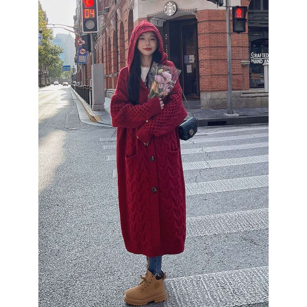 连帽开衫加厚麻花带帽毛衣外套