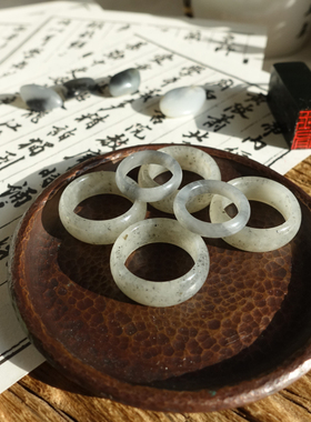 和田玉籽料指环戒指20点墨青花