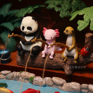 正版yell钓鱼动物4扭蛋熊猫山雀六角恐龙河马狐獴摆件造景装饰