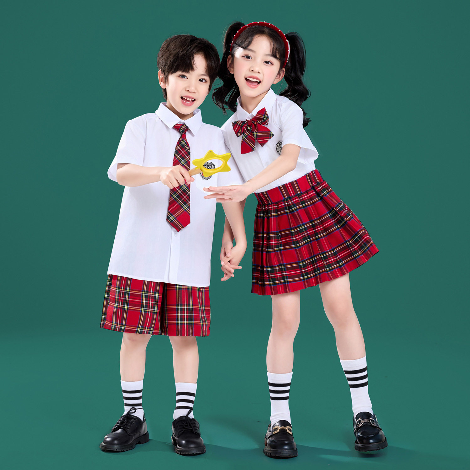儿童啦啦队演出服学院风格子裤衬衫套装小学生班服幼儿园诗歌朗诵