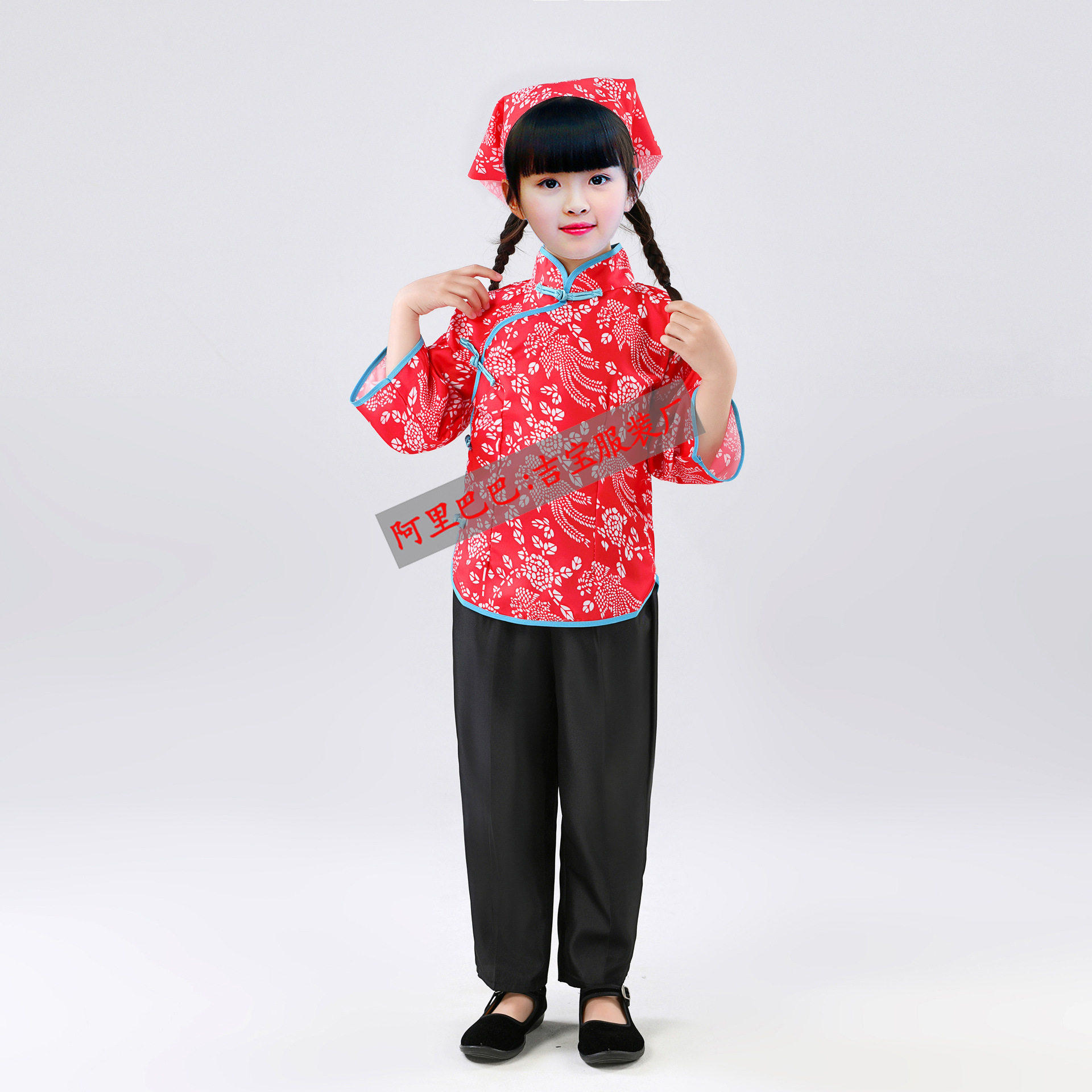 新款六一儿童村姑采茶服秧歌服女舞蹈农民阿庆嫂碎花表演出服装
