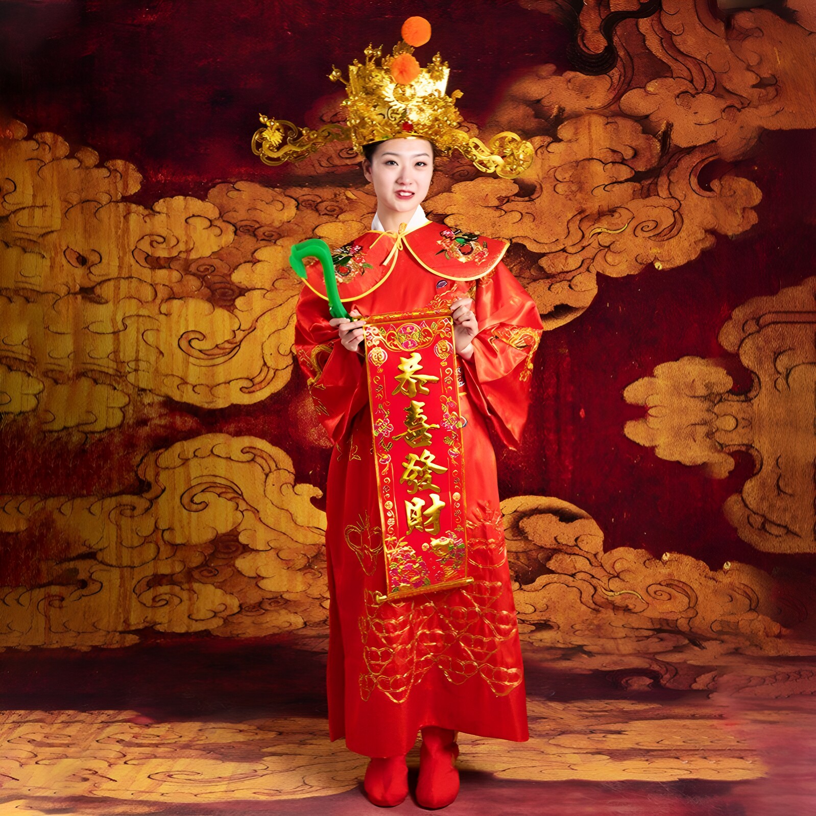 财神爷服装新年古装企业帽子迎新年表演道具高档演出拜年吉祥物