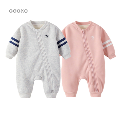 运动风冬季加绒加厚婴儿连体衣新生儿宝宝爬服斜拉链长袖保暖哈衣