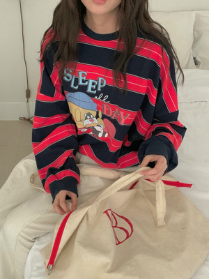 26新春lvc韩国东大门条纹卡通印花圆领套头卫衣女