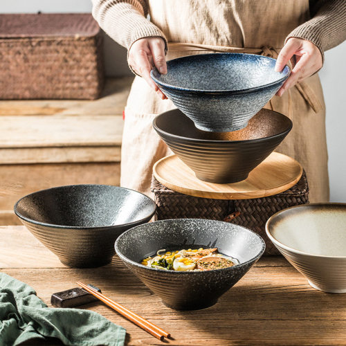 外贸陶瓷喇叭碗家用复古拉面拌面炒饭斗笠碗日式餐厅意面沙拉碗