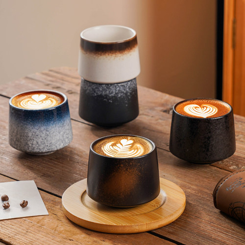 复古抹茶杯拉花拿铁咖啡杯日系陶瓷杯带托盘家用餐厅茶杯子釉下彩