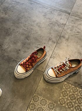 韩版厚底系带休闲板鞋女百搭撞色帆布真皮透气复古运动风女鞋