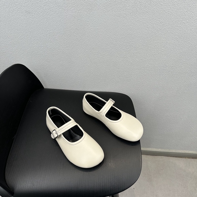 2025春季新款真皮平底圆头浅口一字搭扣单鞋女鞋黑色百搭小皮鞋