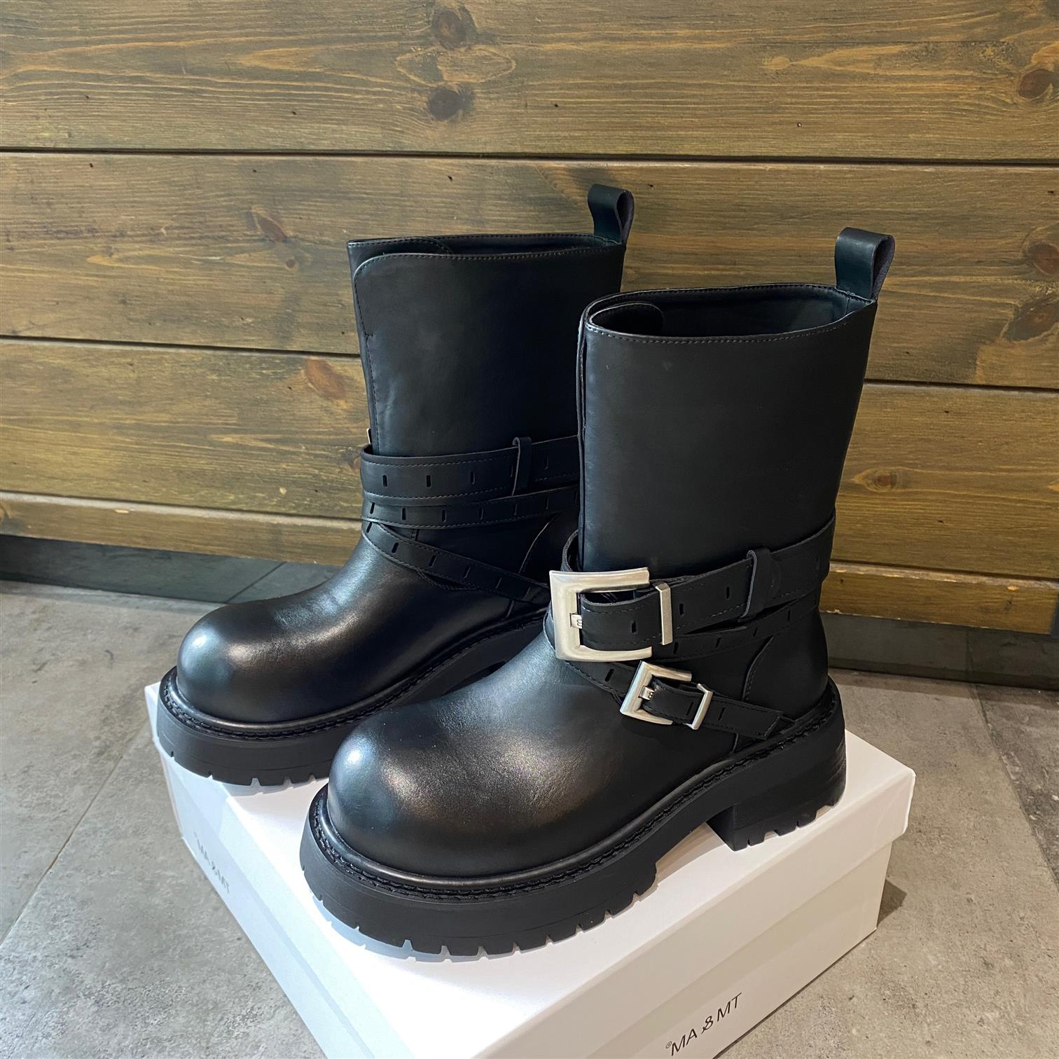 厚底皮带扣加绒马丁靴女2025冬季新款百搭中筒骑士靴机车短靴