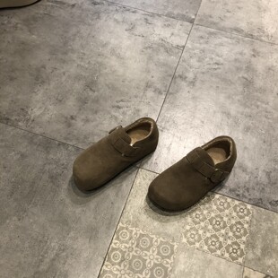 反绒皮勃肯鞋女韩版时尚真皮搭扣厚底舒适一脚蹬休闲单鞋加绒棉鞋