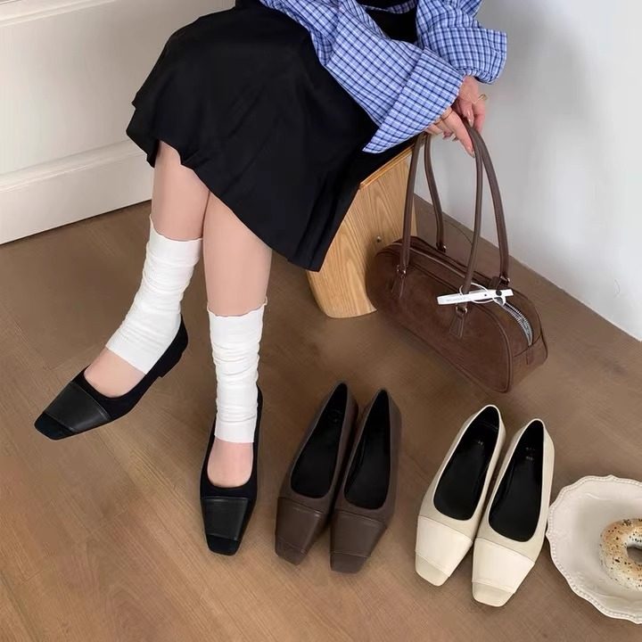 单鞋女2025早秋新款法式小方头拼接绒面浅口平底鞋软底奶奶鞋,女鞋,浅口单鞋,淘宝优惠券,粉丝福利购,淘宝优惠卷