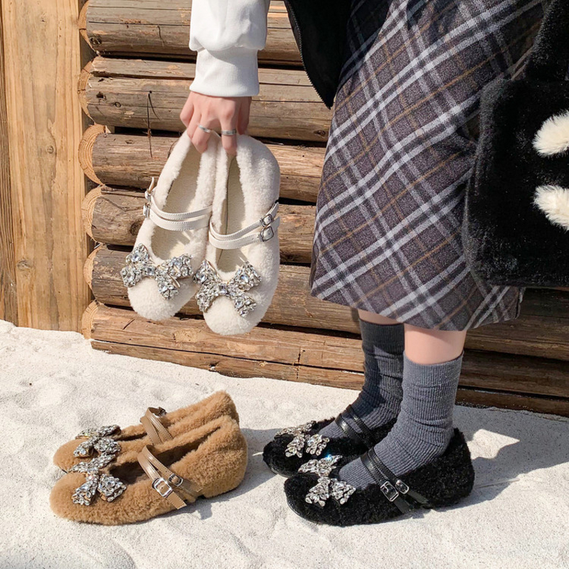 SIX MADDEN2025冬季女鞋水钻蝴蝶结毛毛鞋浅口玛丽珍鞋单鞋SMD352