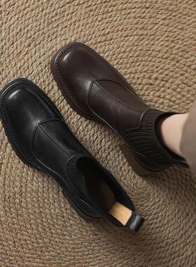 SIX MADDEN2024冬季女靴欧美弹力靴通勤女袜靴方头粗跟短靴SMC391