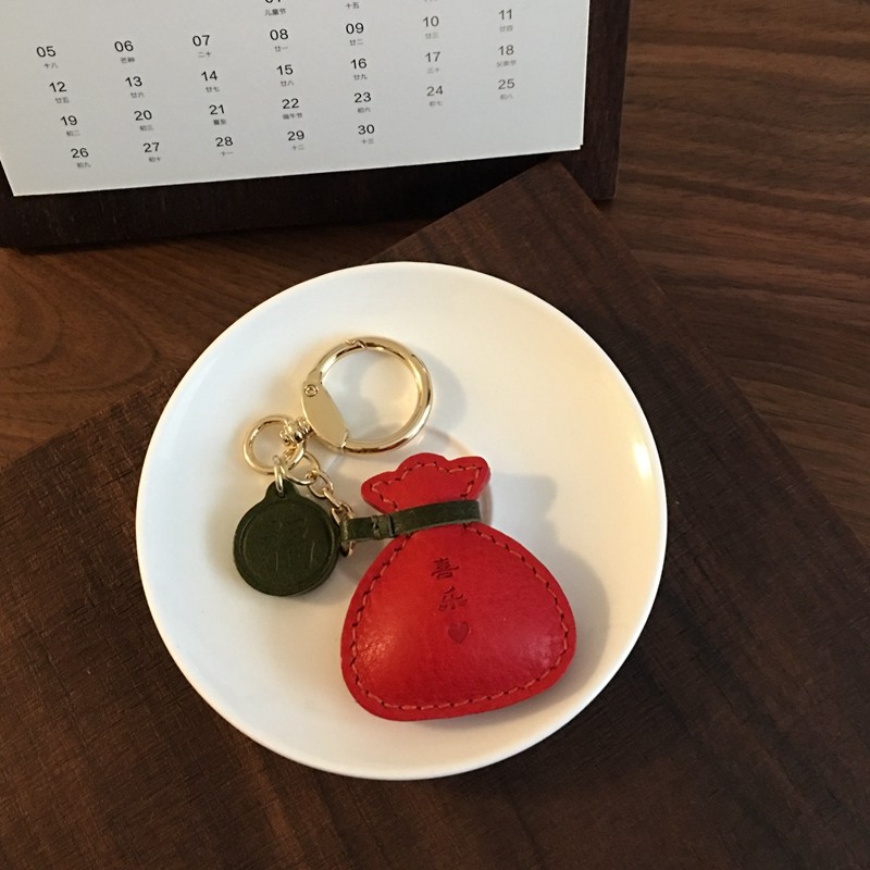 手作真皮喜乐福袋 意大利mbox植鞣牛皮质感钥匙包包挂件 创意礼物