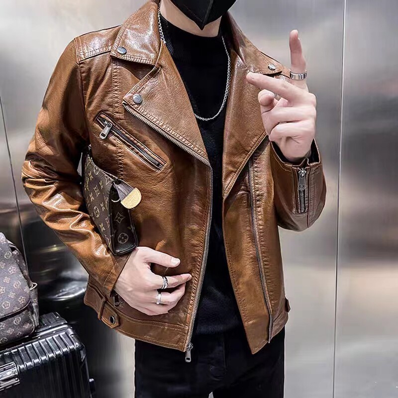 西装领皮衣外套男春秋款韩版潮流修身痞帅精神小伙网红男士皮夹克