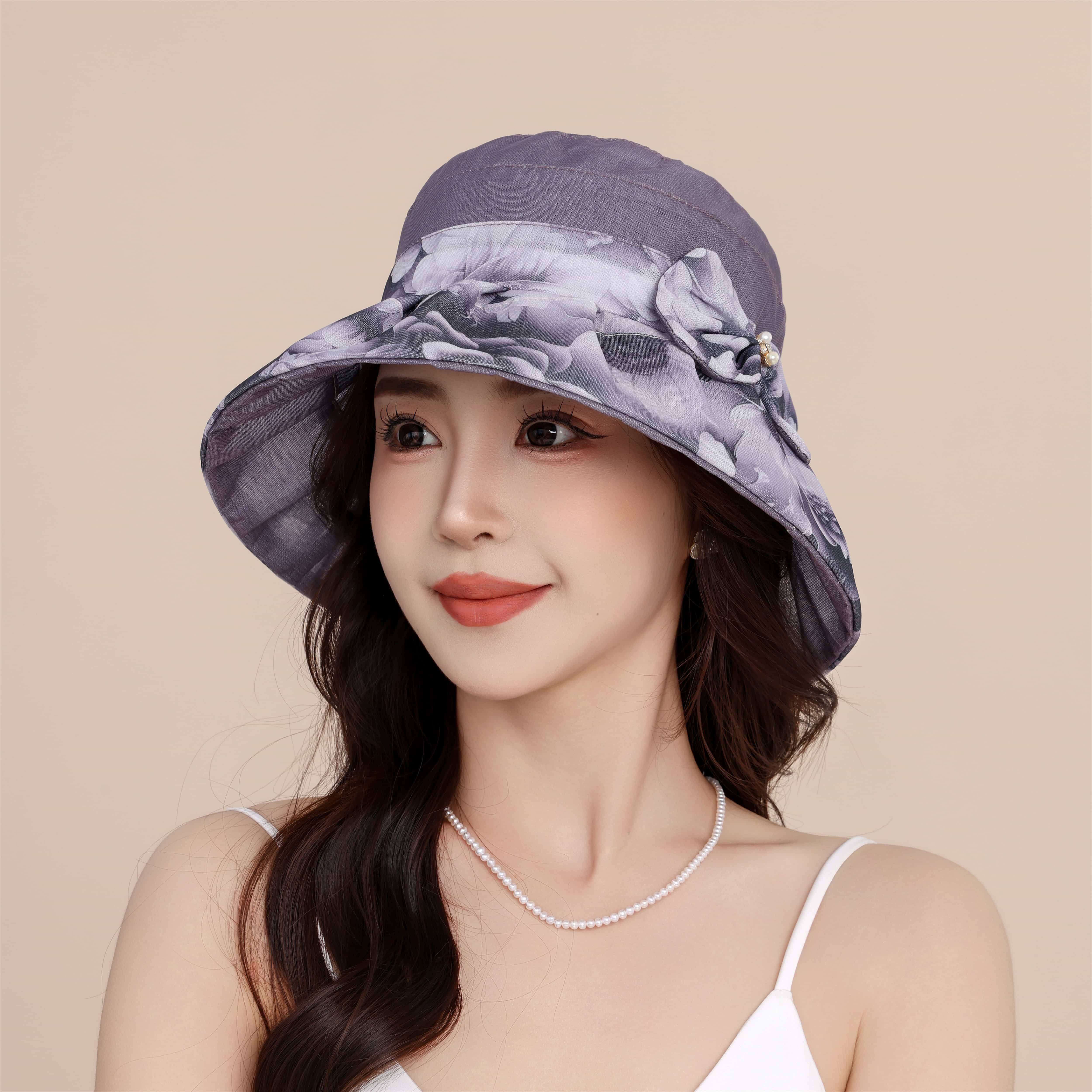真丝帽子女夏季翘檐遮阳帽薄款凉帽日系出游时尚百搭花朵时装帽潮