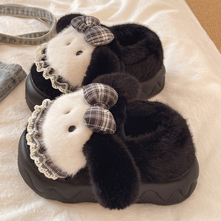 冬季新款女士棉拖鞋厚底防滑可爱蝴蝶结卡通毛绒保暖居家包根棉鞋